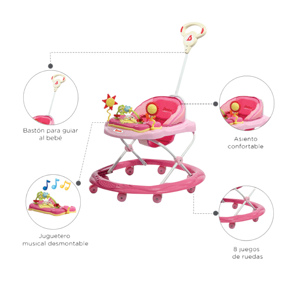 Andadera Para Bebes Con Bastón Musical Color Rosa