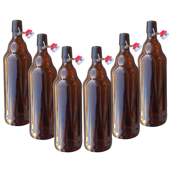 6 Botellas De Vidrio ambar + Tapón Mecánico 1000ml