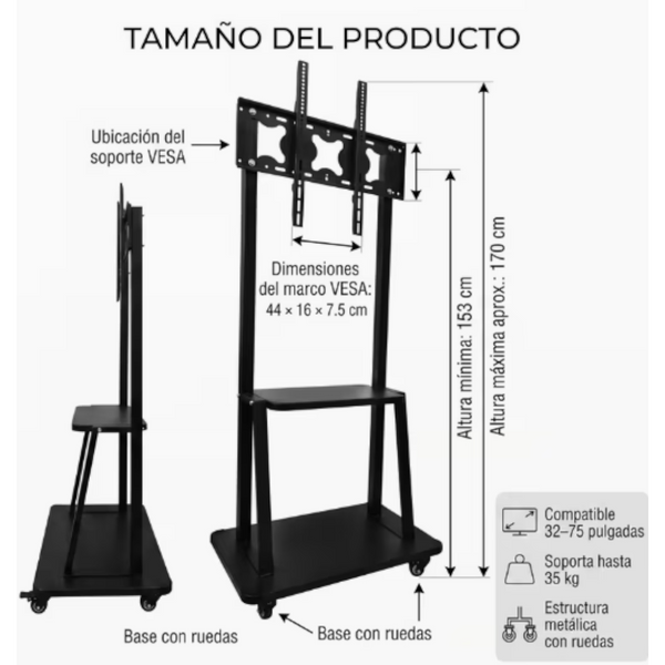 Base Soporte TV Móvil con Ruedas de 32 a 75 Pulgadas