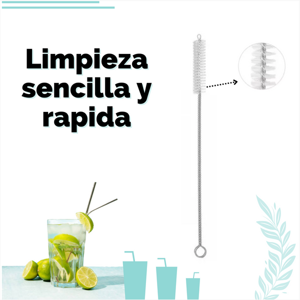 Set 3 Popotes + Cepillo + Funda Reutilizables Metalicos Ecologico