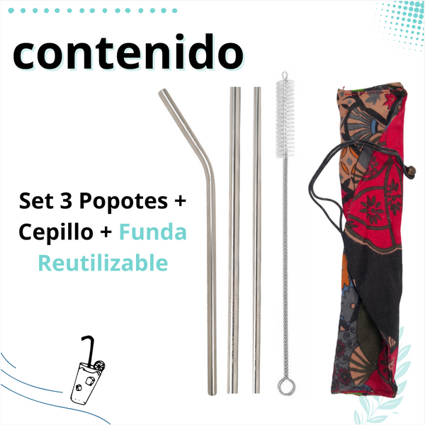 Set 3 Popotes + Cepillo + Funda Reutilizables Metalicos Ecologico