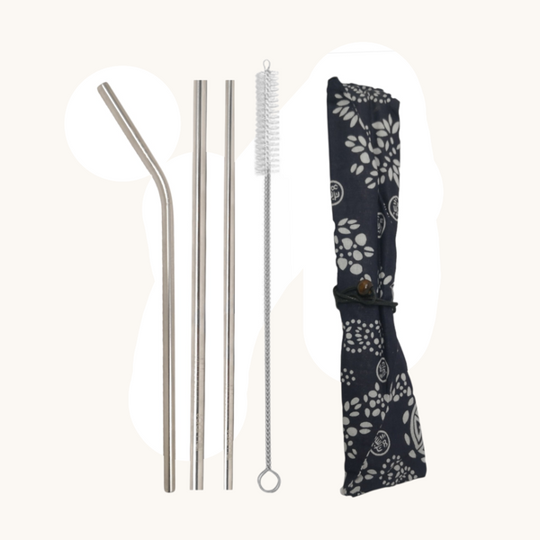 Set 3 Popotes + Cepillo + Funda Reutilizables Metalicos Ecologico