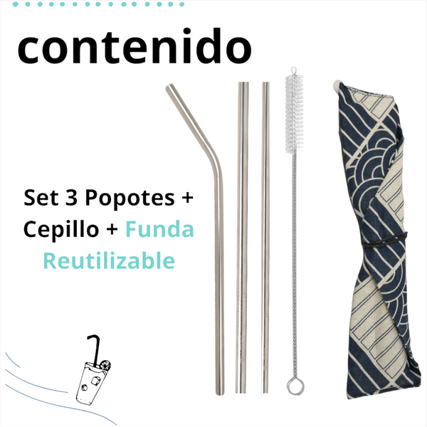Set 3 Popotes + Cepillo + Funda Reutilizables Metalicos Ecologico