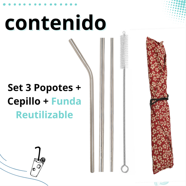 Set 3 Popotes + Cepillo + Funda Reutilizables Metalicos Ecologico