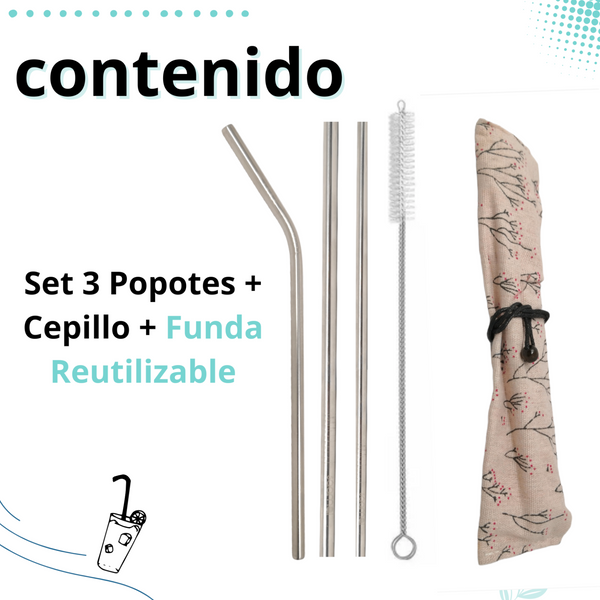 Set 3 Popotes + Cepillo + Funda Reutilizables Metalicos Ecologico
