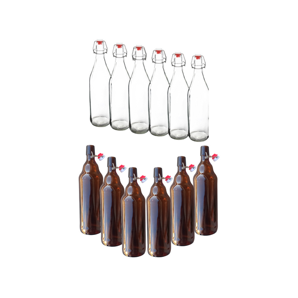 12 Botellas De Vidrio Ambar Y Transpararente+tapón 1000ml