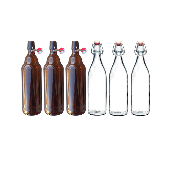 6 Botellas de Vidrio Ambar Y Transpararente+tapón 1000ML