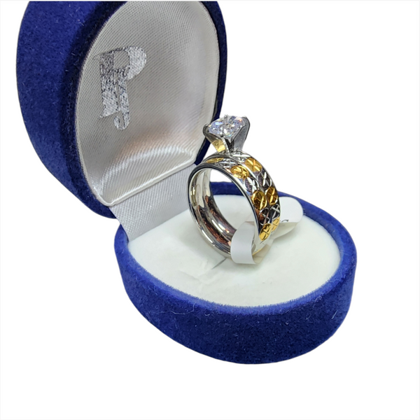 Anillo moda para mujer plateado con dorado con estuche