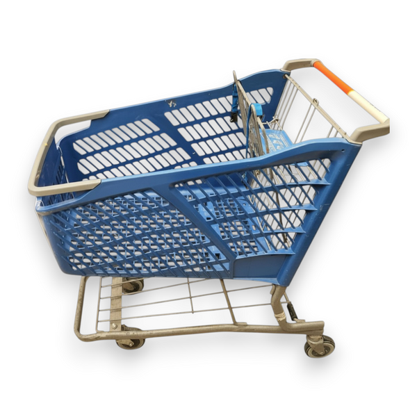 Carrito azul de supermercado autoservicio usado