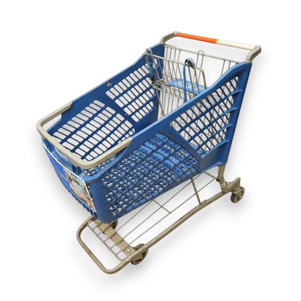 Carrito azul de supermercado autoservicio usado