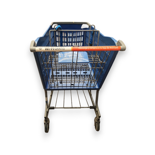 Carrito azul de supermercado autoservicio usado
