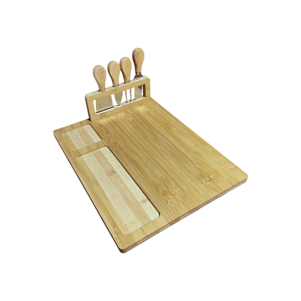 Tabla para quesos de madera de bambu 4 cuchillos utensilios