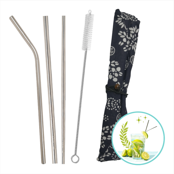 Set 3 Popotes + Cepillo + Funda Reutilizables Metalicos Ecologico