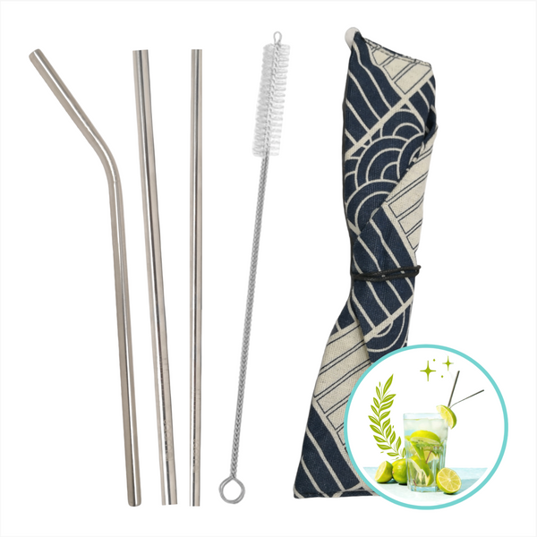 Set 3 Popotes + Cepillo + Funda Reutilizables Metalicos Ecologico