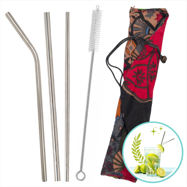 Set 3 Popotes + Cepillo + Funda Reutilizables Metalicos Ecologico