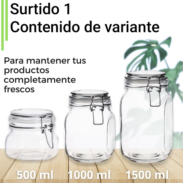 Tarro Hermetico tapa Frasco Vidrio 500-1500ml pack Mayoreo B