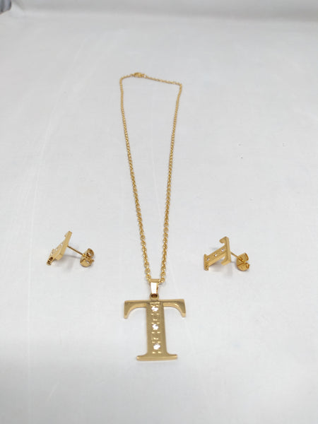 Bisutería Letra Set Cadena Dije Aretes Acero Inox Abecedario