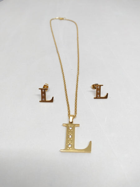 Bisutería Letra Set Cadena Dije Aretes Acero Inox Abecedario