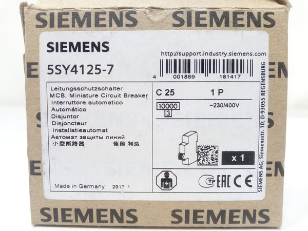 Interruptor termomagnetico SIEMENS 5SY4125-7 1P 25A 400V/230V