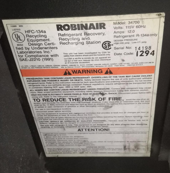 Equipo recuperacion Aire Acondicionado Robinair 34700 R134a Usado