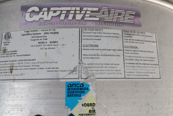 VENTILADOR CENTRÍFUGO EXTRACTOR AIRE CAPTIVEAIRE 0.5HP