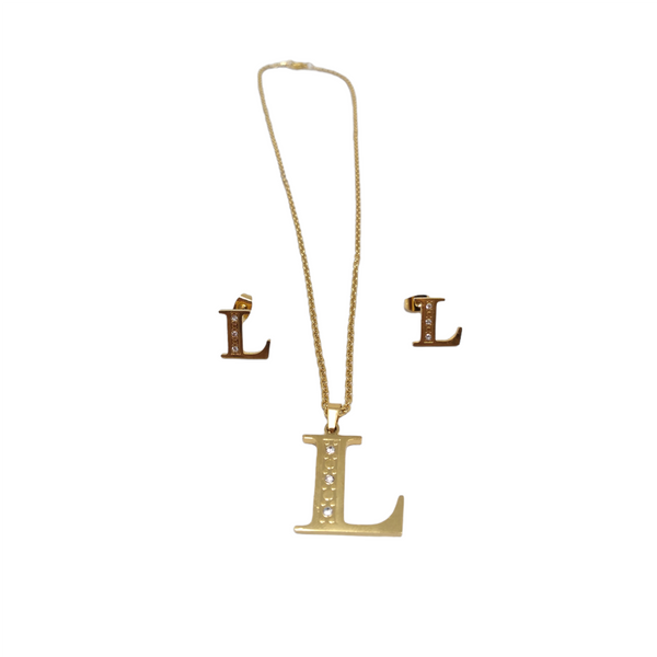 Bisutería Letra Set Cadena Dije Aretes Acero Inox Abecedario