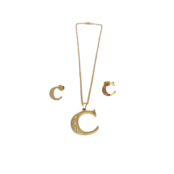 Bisutería Letra Set Cadena Dije Aretes Acero Inox Abecedario