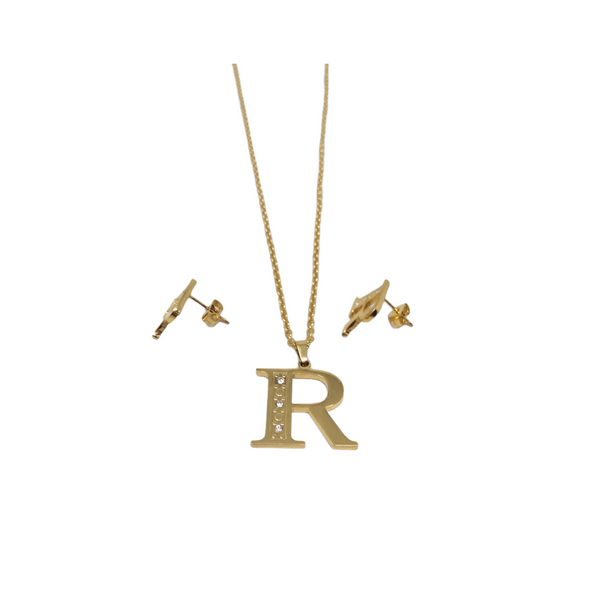 Bisutería Letra Set Cadena Dije Aretes Acero Inox Abecedario