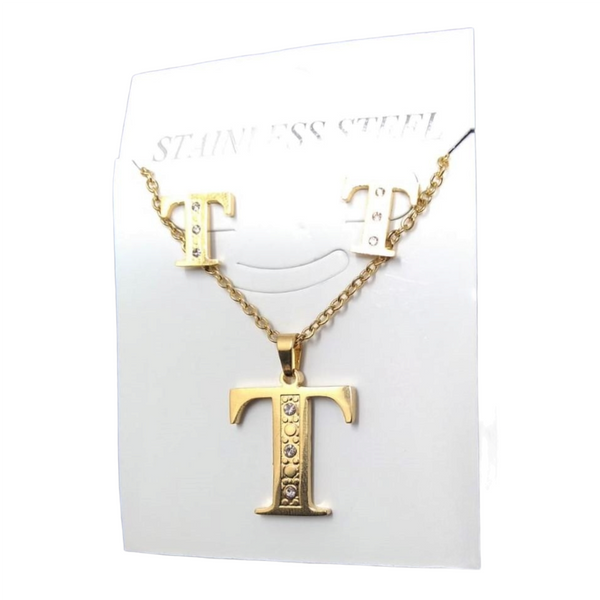 Bisutería Letra Set Cadena Dije Aretes Acero Inox Abecedario