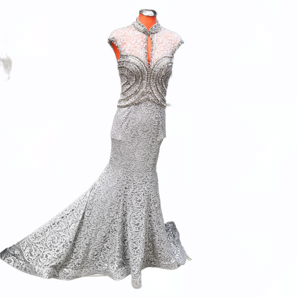 VESTIDO DE FIESTA MARCA TERANI COUTURE TALLA 4 GRIS PLATEADO