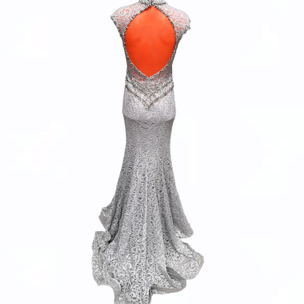 VESTIDO DE FIESTA MARCA TERANI COUTURE TALLA 4 GRIS PLATEADO