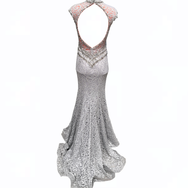 VESTIDO DE FIESTA MARCA TERANI COUTURE TALLA 4 GRIS PLATEADO