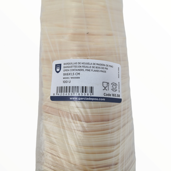 Barquillas Recipiente Hojuela de Pino 9x6x1.5cm pack 100pz