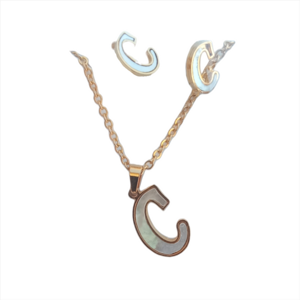 Letras Set Collar Dije Aretes Acero Inox Blanco Abecedario