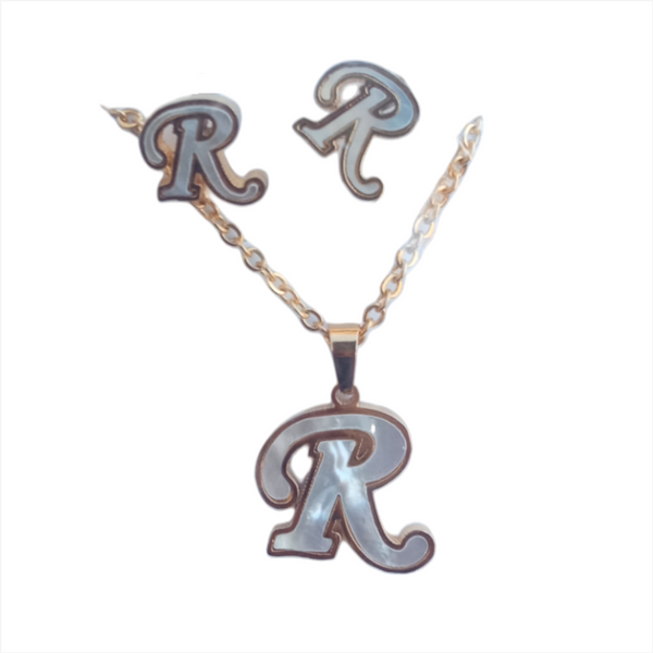 Letras Set Collar Dije Aretes Acero Inox Blanco Abecedario