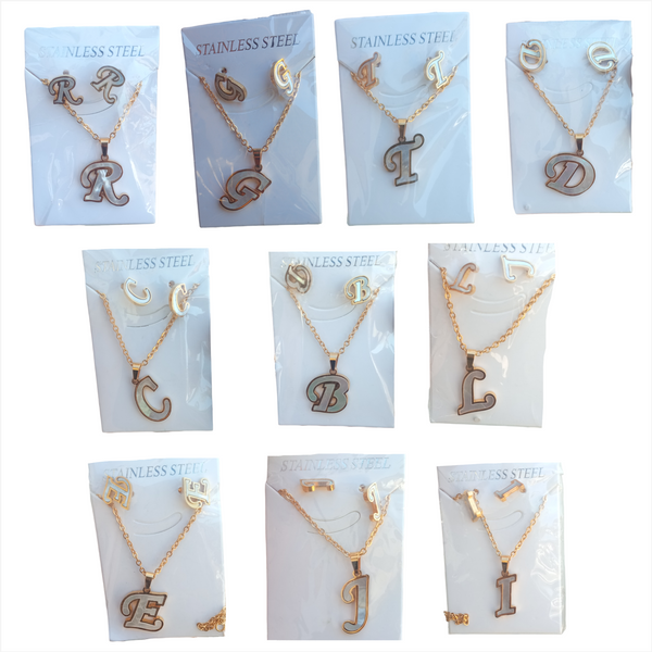 Letras Set Collar Dije Aretes Acero Inox Blanco Abecedario