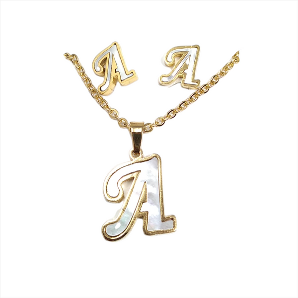 Letras Set Collar Dije Aretes Acero Inox Blanco Abecedario