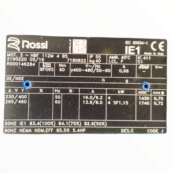 Motor eléctrico trifásico Rossi 5.6HP HBF-112M-4 460V