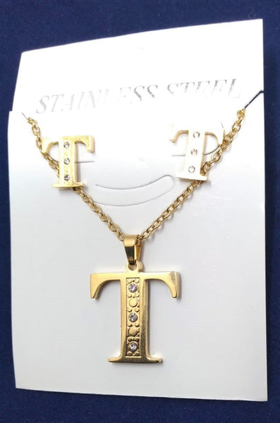 Bisutería Letra Set Cadena Dije Aretes Acero Inox Abecedario