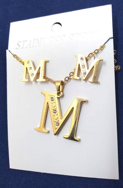 Bisutería Letra Set Cadena Dije Aretes Acero Inox Abecedario