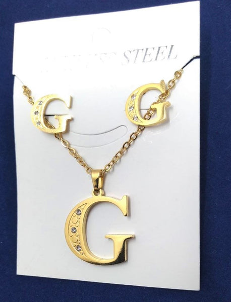 Bisutería Letra Set Cadena Dije Aretes Acero Inox Abecedario