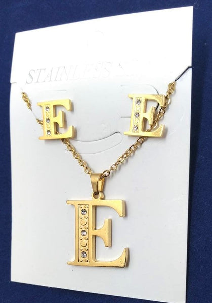Bisutería Letra Set Cadena Dije Aretes Acero Inox Abecedario