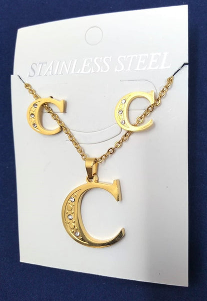 Bisutería Letra Set Cadena Dije Aretes Acero Inox Abecedario