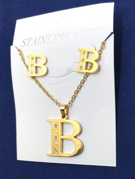 Bisutería Letra Set Cadena Dije Aretes Acero Inox Abecedario