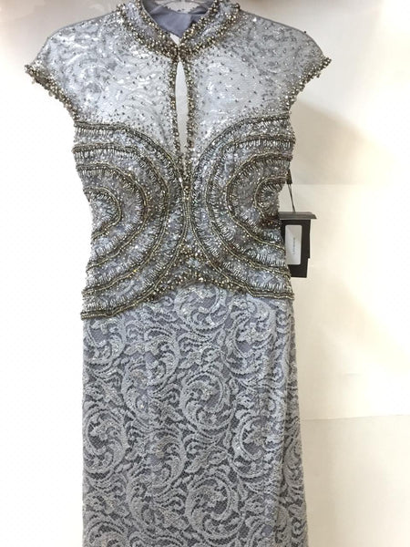 VESTIDO DE FIESTA MARCA TERANI COUTURE TALLA 4 GRIS PLATEADO